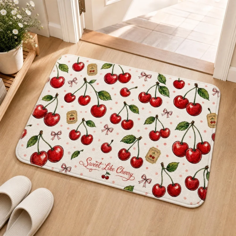 Vintage Cherry Bow Flannel Doormat, Non Slip Indoor Entrance Floor Mat, Sweet Fruit Cottage Themed Area Rug, Multiple Sizes Mat