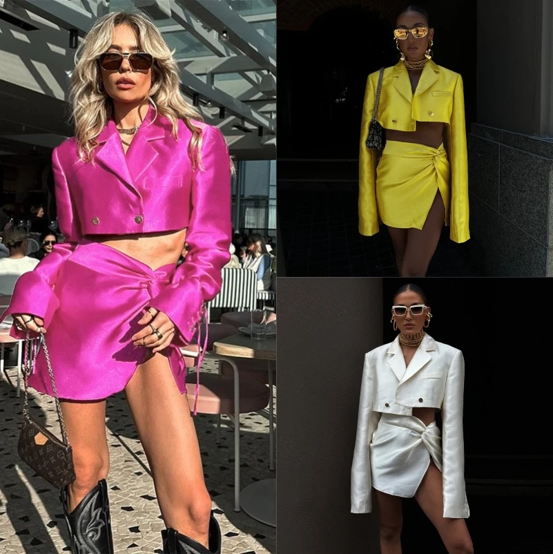 Satin 2 Pcs Women Suit Blazer+Short Mini Prom Dresses Evening Dress Full Sleeves Jacket Sexy Hot Girl Street Wear Autumn Outfit