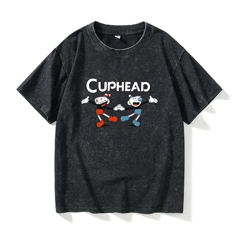 

Мужская летняя повседневная хлопковая футболка свободного кроя с коротким рукавом и круглым вырезом, с принтом в стиле игры "Ex Tea Cup Head Student Game Surrou"