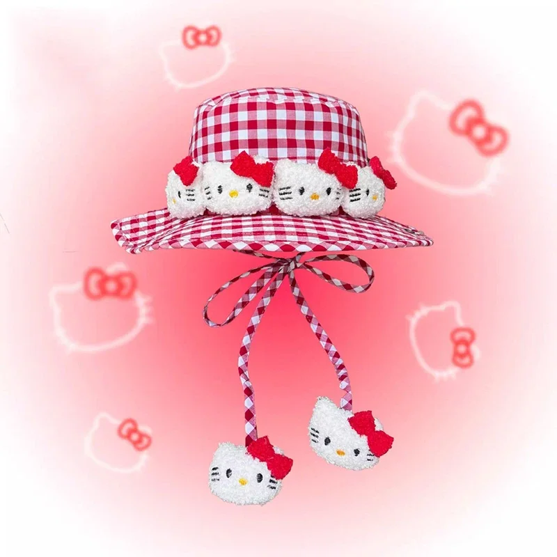 Cute Hello Kitty Red Checkered Sun Hat Y2K Sweet Travel Fisherman Cap Dopamine Girlish Heart Headgear Anime Decoration Girl Gift