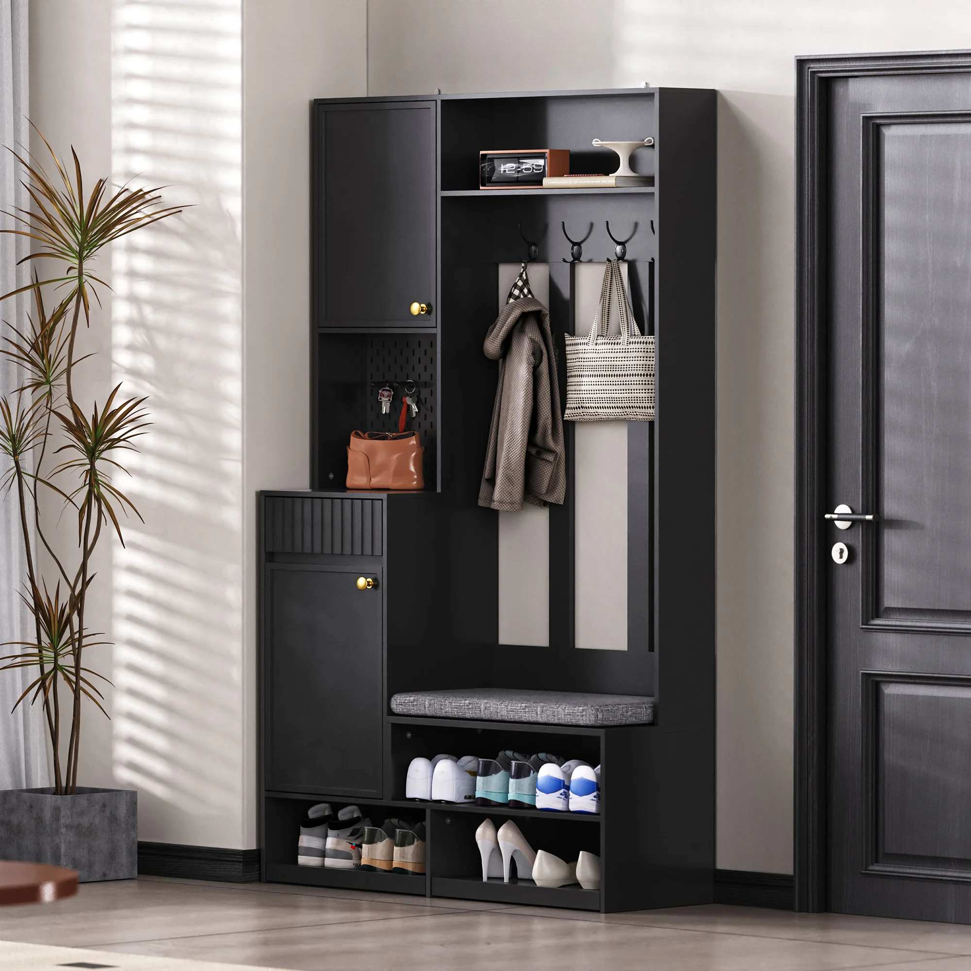 Armoire penderie avec banc, 4 crochets et 2 tiroirs, MDF, Noir