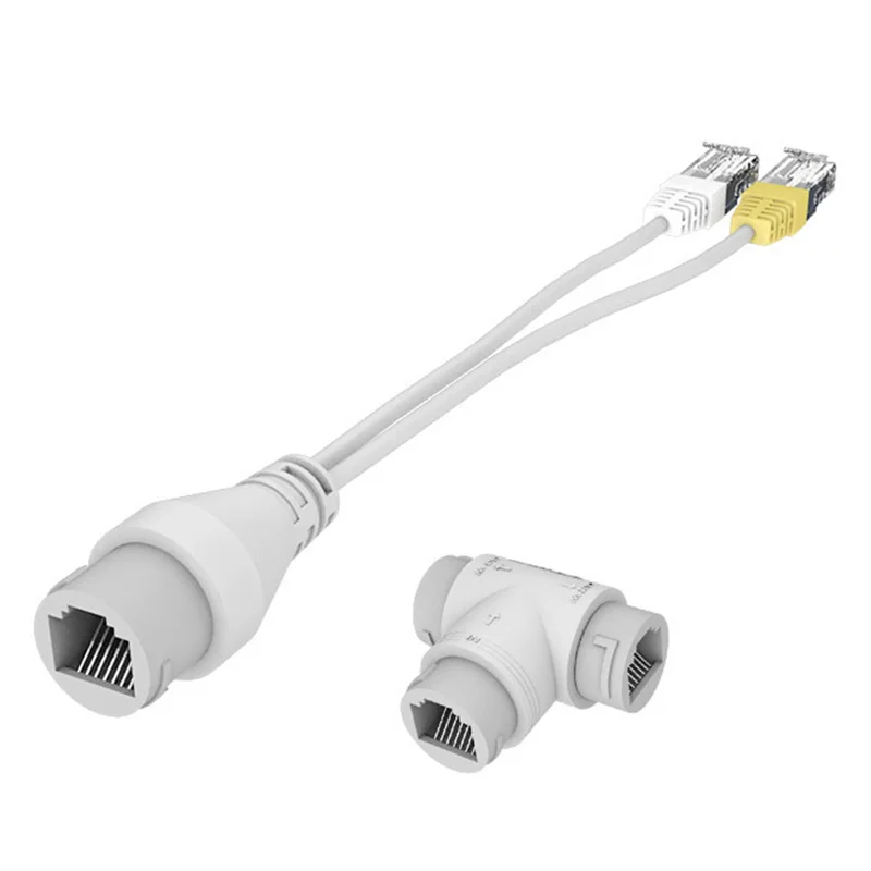 2-In-1 POE Camera Simplified Cable Connector Splitter Cable Connector Three-Way RJ45 Head POE Camera Install Adapter