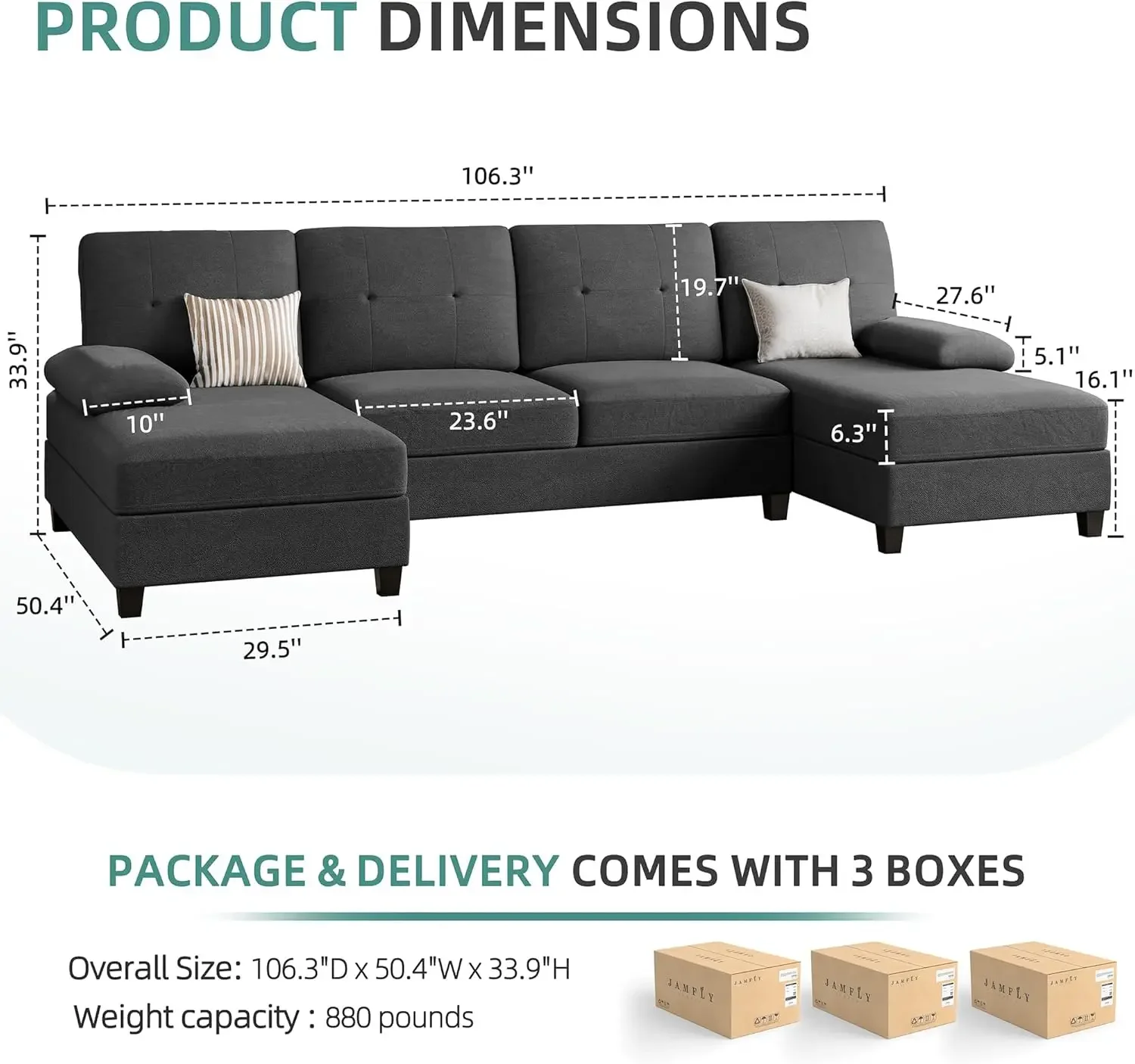 Sectional Sofa Couches for Living Room, U Shaped Couch Sofas Living Room Furniture Sets Clearance with Double Chaises, Bl