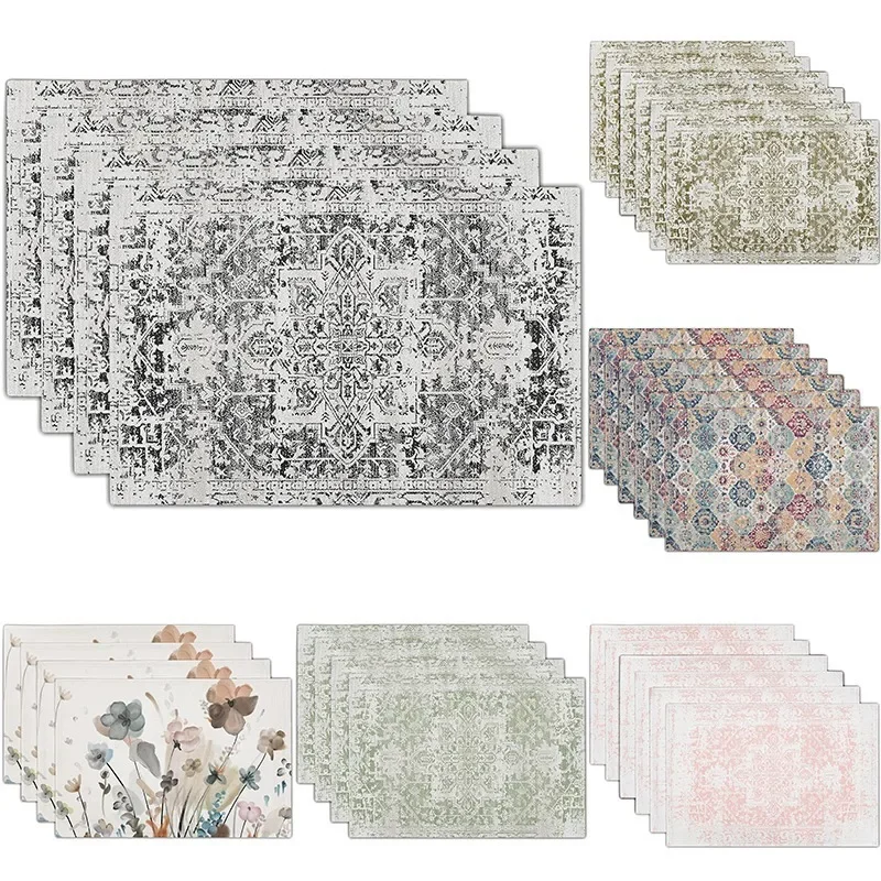 Gray Black Boho Style Ethnic Abstract Pattern Multi-Style Linen Placemats for Home Parties Kitchen Decoration