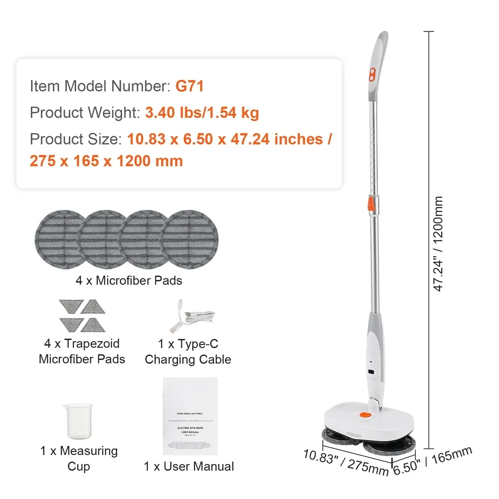 Wireless Electric Sweeper Cordless Mop with LED Light 40 Minutes Battery Life Rotating Head Spray Cleaning Solution Floors