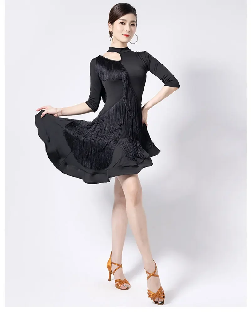 Odzież do tańca latynoamerykańskiego dla kobiet, sukienki latynoskie z frędzlami, stroje do ćwiczeń tańca towarzyskiego, kostiumy do salsy i samby.