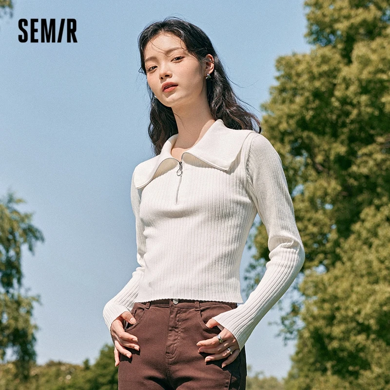 Semir 2023 Women Sweater Autumn New Short Solid Color Simple  Thin Slim Sweater  All-match Temperament Sweater for Women