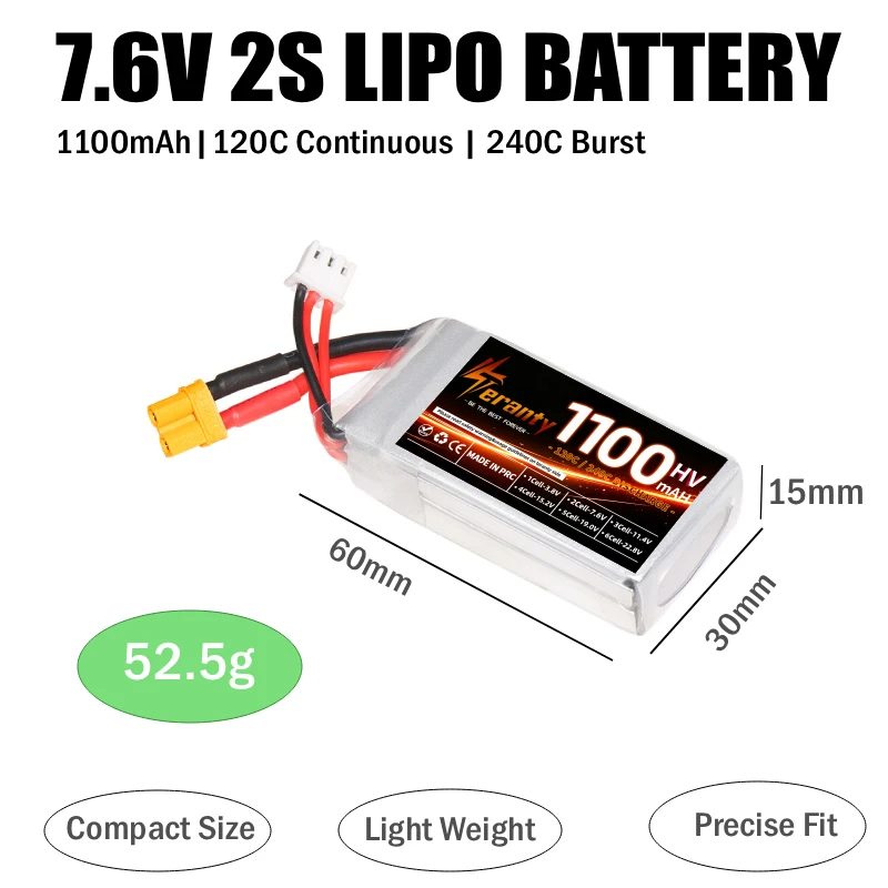 Teranty 2S 3S 4S 6S HV LiPo Pack 7.6V~22.8V 1100mAh 120C for FPV Tiny Whoop Freestyle 1/12 1/14 RC Off-road Car RC Speed Boat