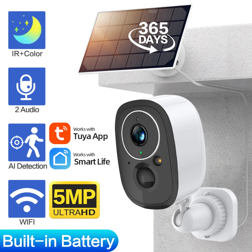 

Wireless Solar Wifi Camera CCTV Security Camera Outdoor Full HD 5MP Audio IP Camera With 5200mAh Rechargeable Battery Camera