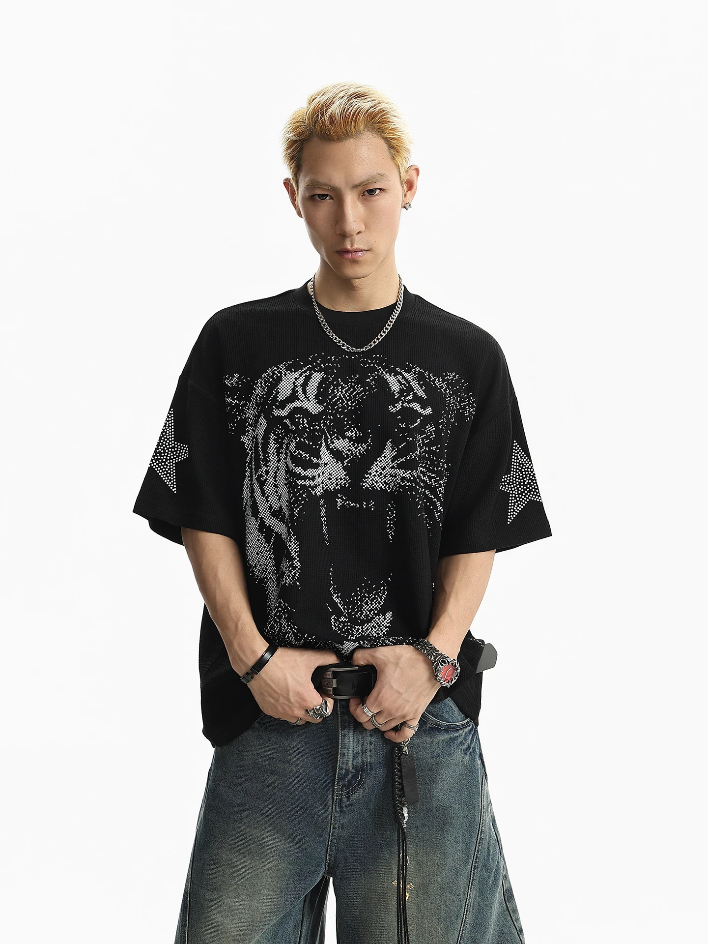 BETEBULE American High Street Tiger Print Waffle round Neck Short Sleeve T-Shirt Men Summer Trend Loose Top Breathable Comfor...