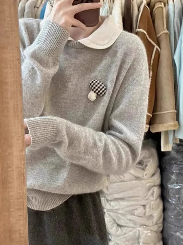 سترة Laid-ba الكورية Sle للتخسيس طويلة Sve بياقة الدمية سترة محبوكة قابلة للتنقل كاجوال متعددة الاستخدامات للتنقل العلوي والرياح