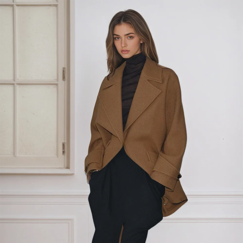 

Осенне-зимнее новое женское свободное пальто со смешанными манжетами и пряжкой, однобортное свободное пальто