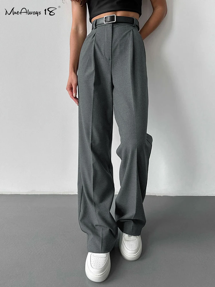 Mnealways18 Gray Pleated Wide Legs Pants Women Office High Waist Pockets Solid Trousers Autumn Winter 2024 Female Baggy Pants