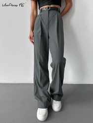 Mnealways18 Gray Pleated Wide Legs Pants Women Office High Waist Pockets Solid Trousers Autumn Winter 2024 Female Baggy Pants