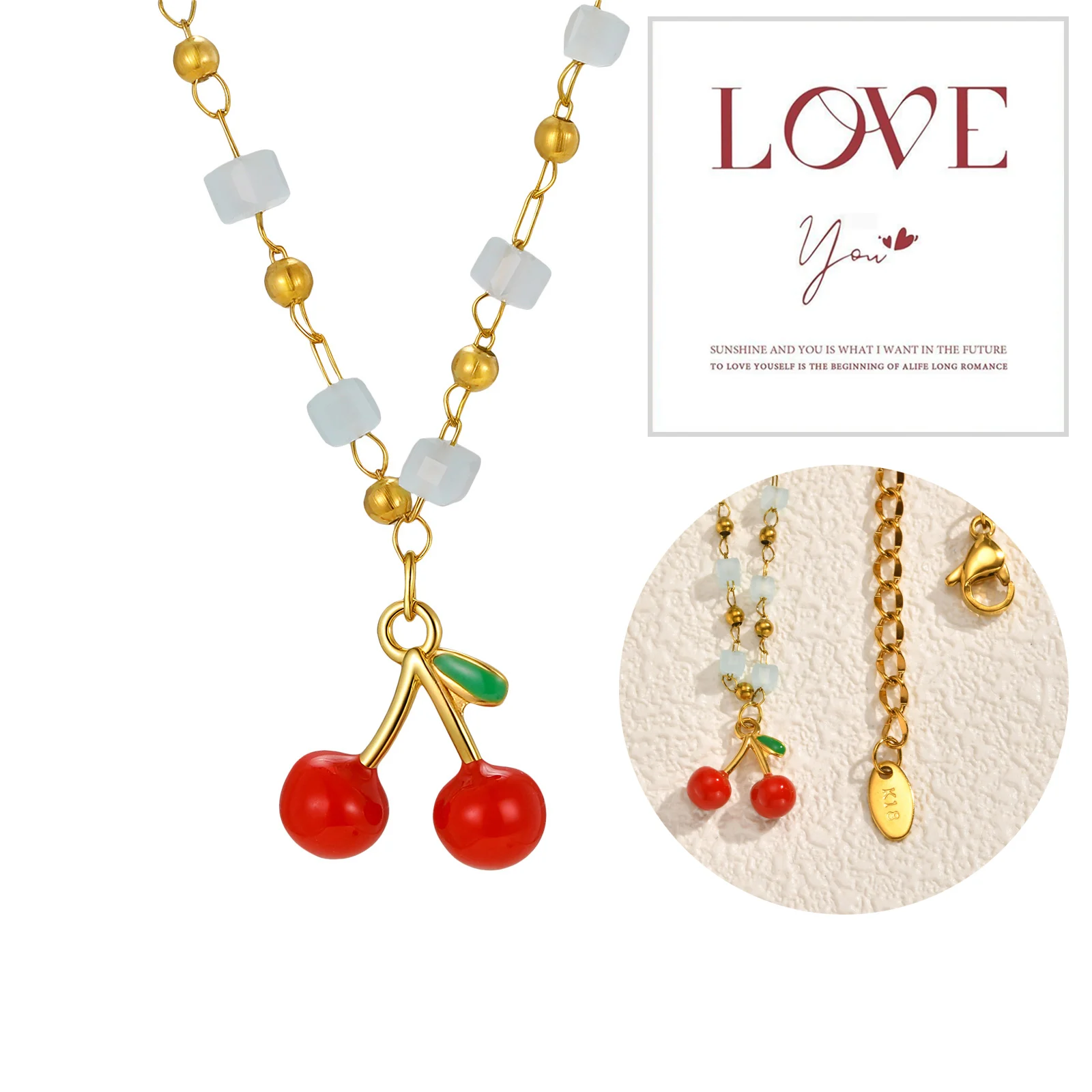 

18k Gold-Plated Necklace For Women Gifts, Exquisite Stackable Necklace With Cherry Pendant Blue Beads To Mom To GF To Daughter