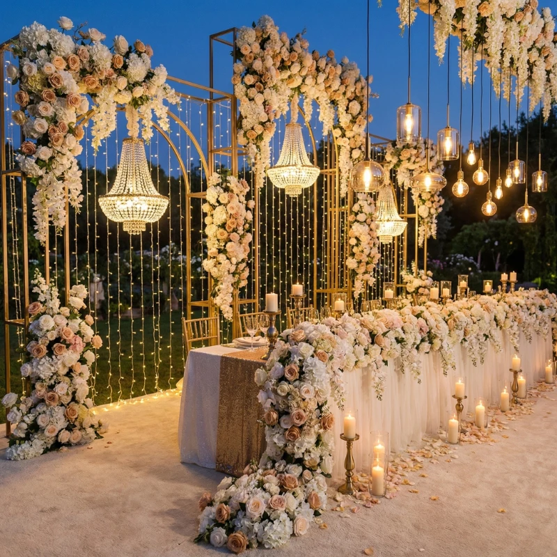 

Artificial Flower Arch With Crystal Pendent Backdrops Props Iron Semicircle Frame For Outdoor Wedding Stage Table Decoration