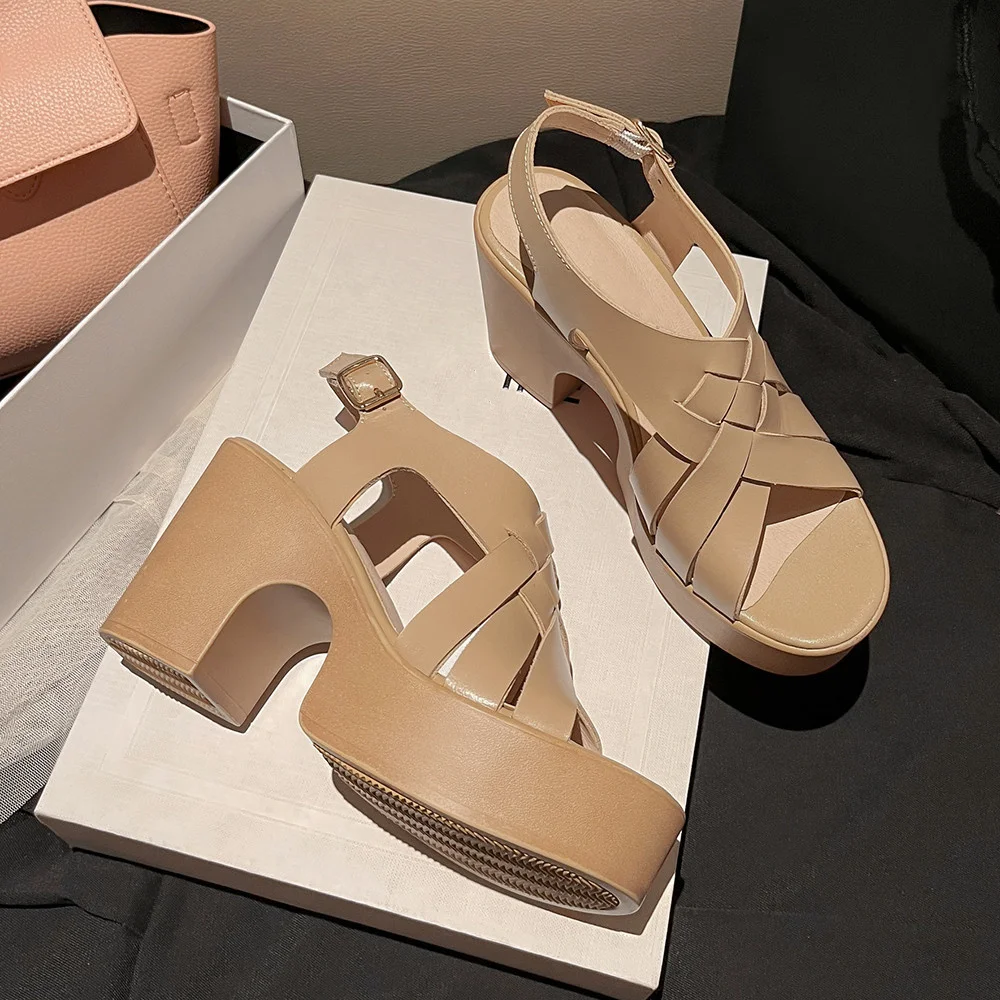 Aucegi Summer Sexy Platform High Heels Gladiator Sandals Fashion Genuine Leather Buckle Strap Open Toe Casual Female Footwear