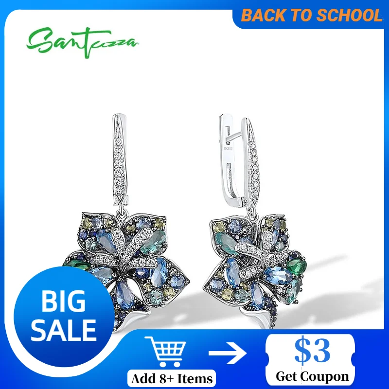 SANTUZZA Pure 925 Sterling Silver Earrings For Women Sparkling Multi Color Gems Blooming Flower Drop Delicate Party Fine Jewelry