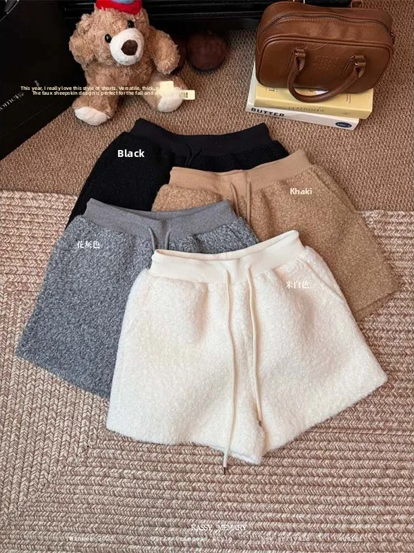 Korean Style High Waist Thickened Woolen Drawstring Casual Pants Women's Autumn Winter Short Pants Wrap around Buttocks