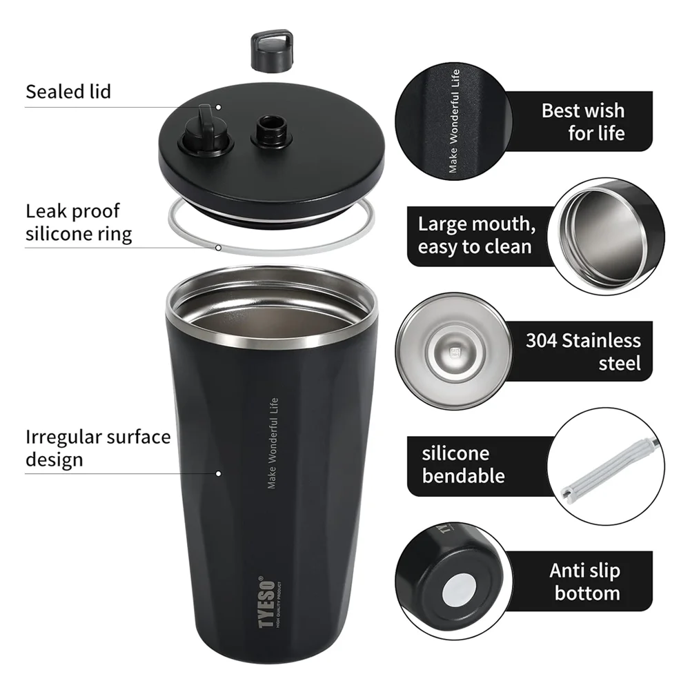 TYESO Vacuum Thermos Cup Tumbler Thermal Insulation Insulated Coffee Mug with Lid and Straw Stainless Steel for Hot Cold Drinks