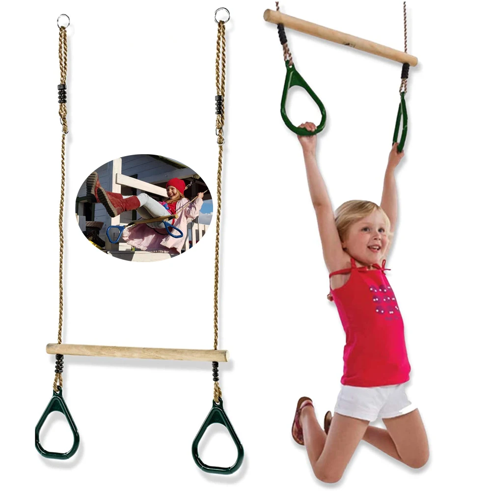 Kids Wooden Trapeze Swing Bar with Rings Heavy Duty Rope Hanging Swing Set for Garden Play