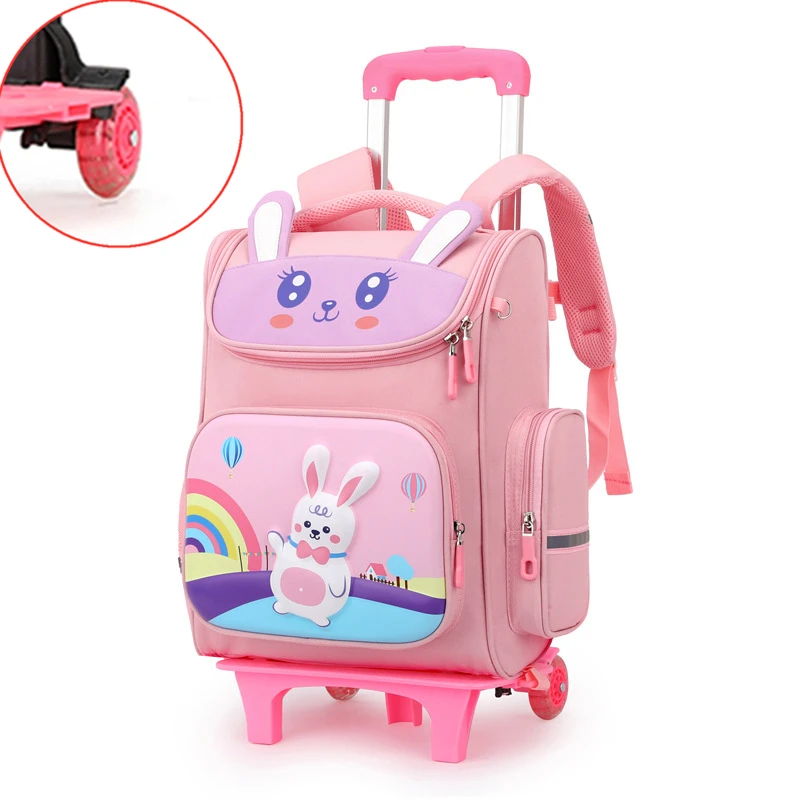 Trolley School Bag Boy Girl Kids Trolley Roller Bag Dinosaur Rabbit Preschool Wheeled Bags 6 Wheel Lightweight Backpack