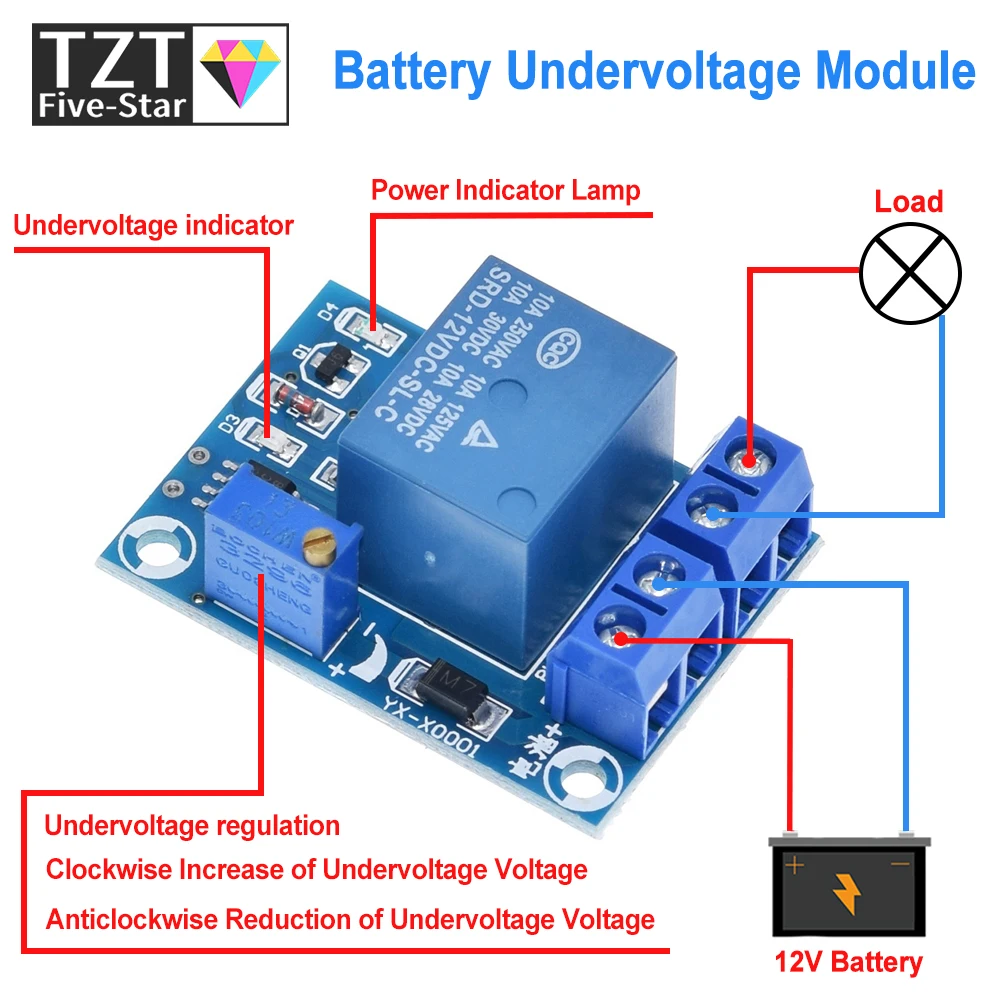 DC 12V bateria, subtensão, baixa tensão, cortar, interruptor automático, recuperação, módulo de proteção, controlador de carregamento, proteção Board