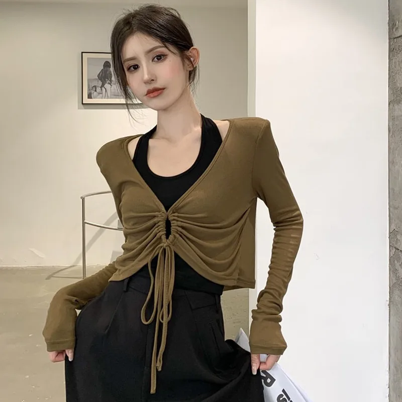 

Y2k Shirts for Women Autumn V-neck Long Sleeve Hollow Out T Shirts Sexy Crop Tops Vest Sets Clothes Korean Woman Tshirts Suit