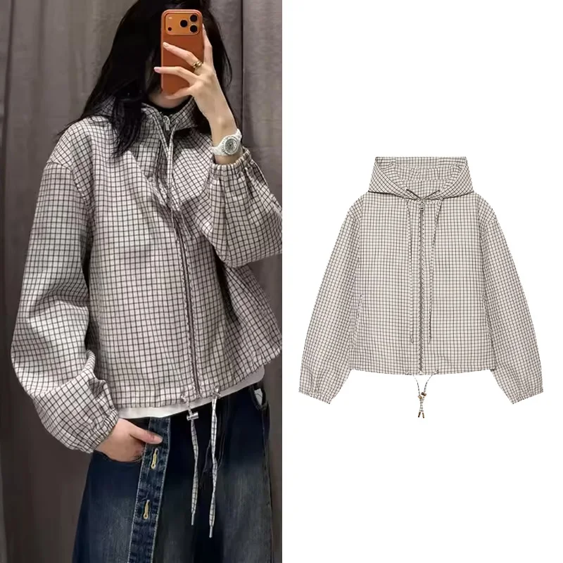 HipSeam Women's Checked Hoodie Jacket with Drawstring New 2026 Autumn Casual Long Sleeve Women Zipper Jackets Female Chic Coats