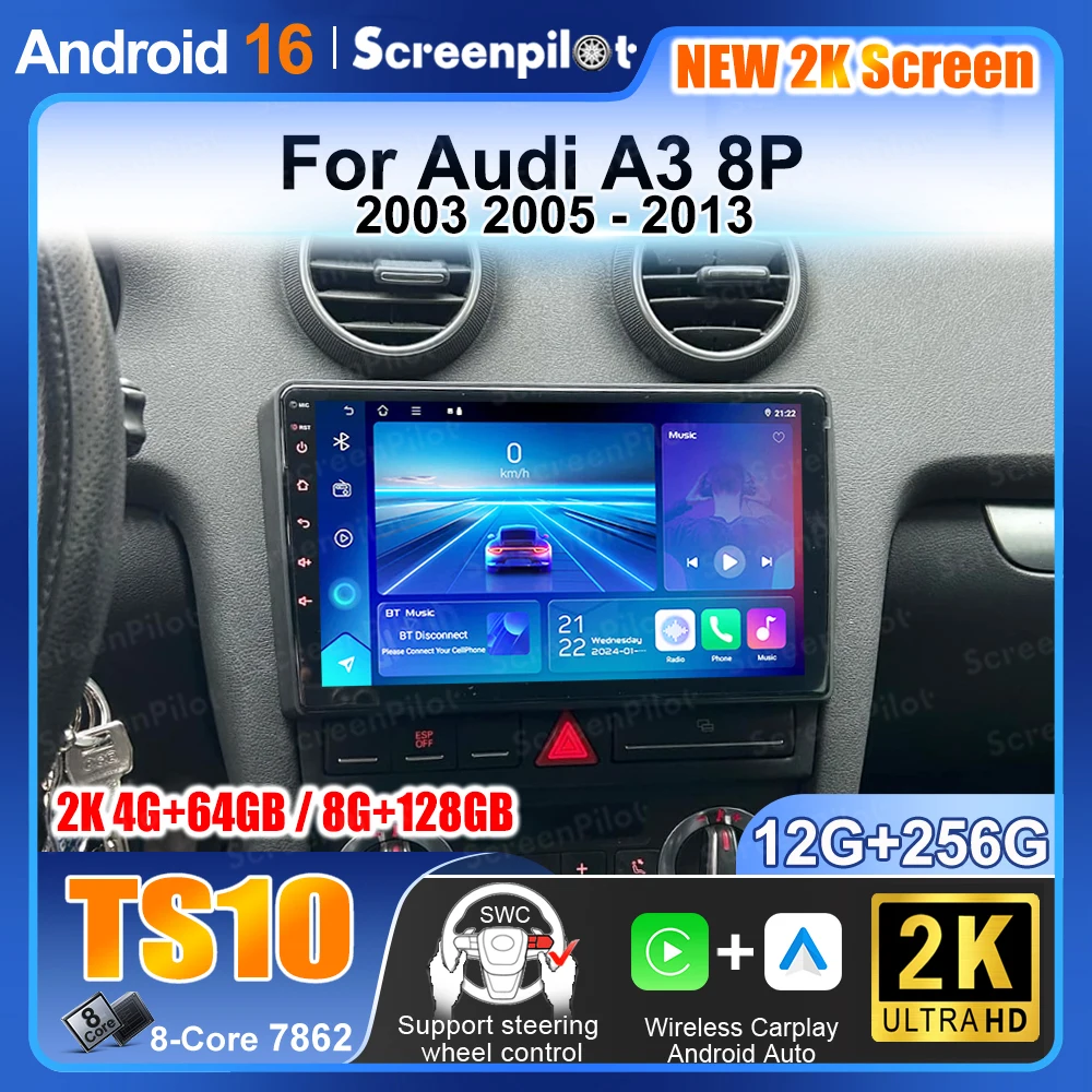 Rádio Automotivo Android 16 Carplay para Audi A3 8p 2003 2005 2006 2007 2008 - 2013 Reprodutor Multimídia GPS Navegação Áudio Estéreo
