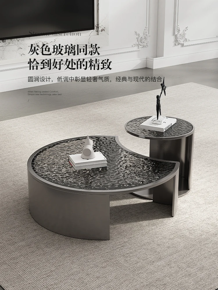 Luxury minimalist stainless steel hot melt tempered glass water ripple round wind coffee table