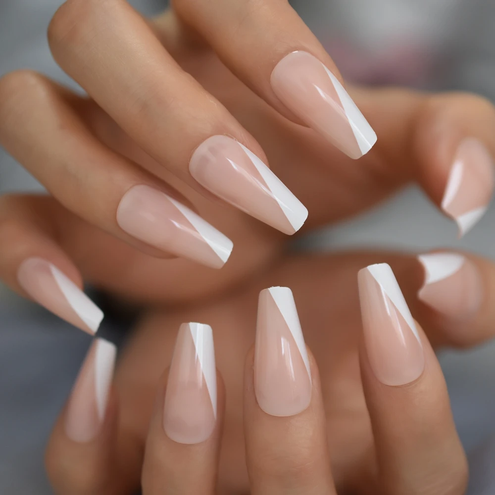 Błyszczące Super długie Nude Pink White French Smile Line Tips Shiny Ballerina Fake Art Nails Coffin Salon Fałszywe paznokcie