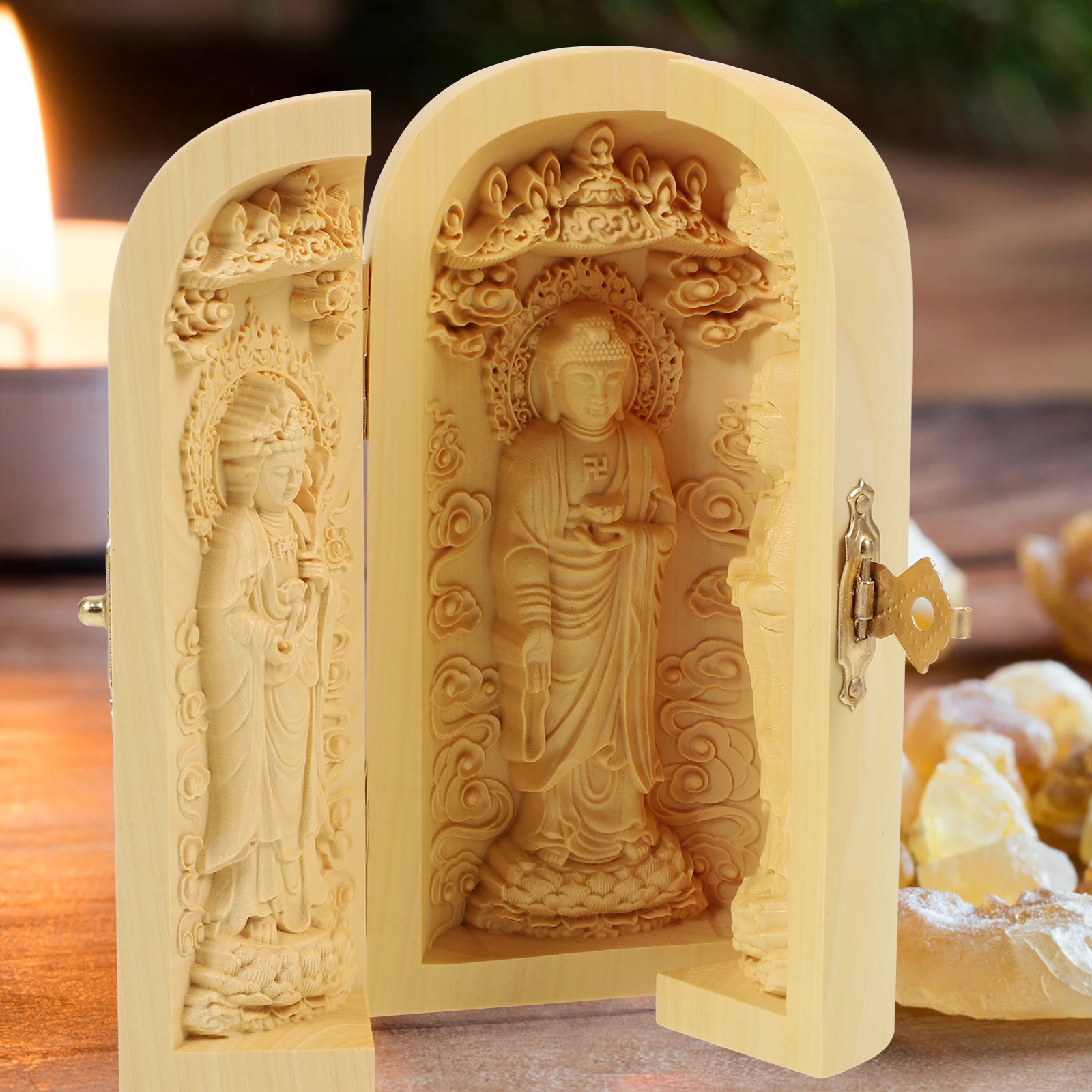 

Wood Buddha Statue Desktop Decoration Retro Home Temple Zen Sculpture Small Space-Saving Carved Ornament Wooden Craft For Room