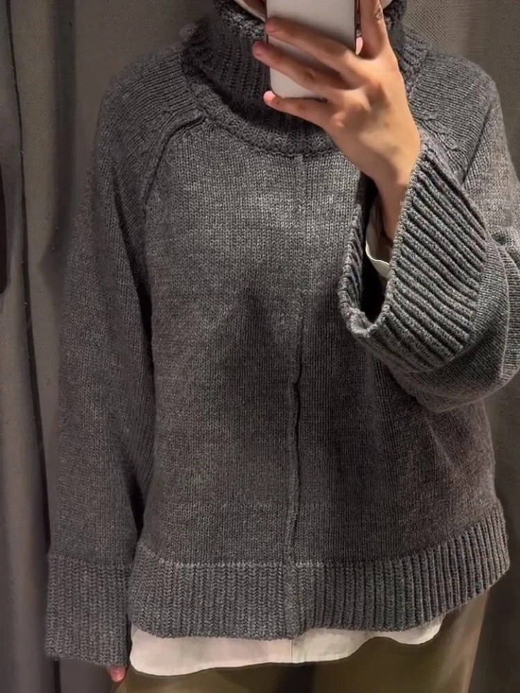 Camisola de gola alta feminina oversize inverno vintage malha cinza camisola pulôver feminino macio cinza quente camisola para mulher