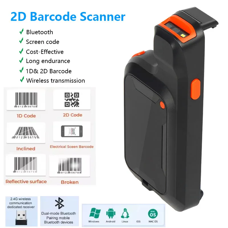 Barcode Scanner 2D Phone Back Clip Bluetooth Scanning Handheld Barcode Reader Data Matrix Code 1D 2D QR Scanners for Android IOS