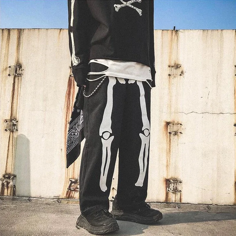 2023 Skull Print Zipper Casual Pant Streetwear Baggy Jeans Men Fashion Loose Straight Wide Leg Pants Male Brand Clothing Black