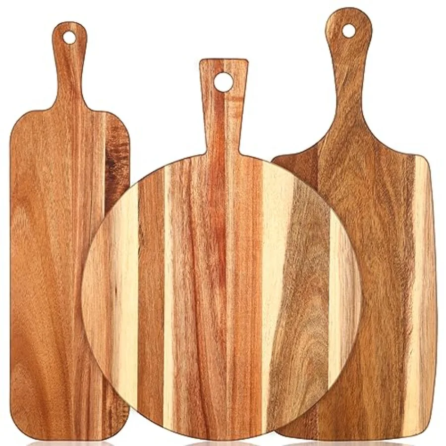 

3 Pcs Acacia Wood Cutting Board with Handle Wooden Chopping Charcuterie Board Assorted Size Butcher Block Serving Tray for Chee