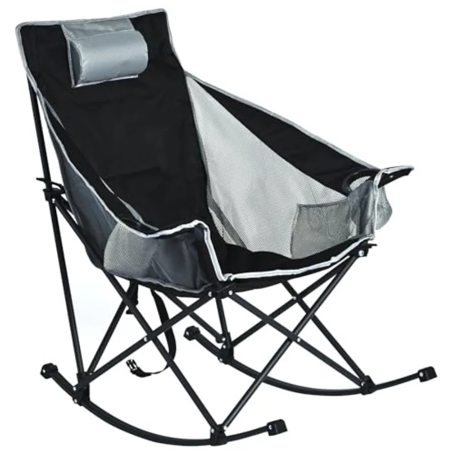 

Oversized Rocking Camping Chair, Fully Padded Patio Chair with Side Pocket, High Back Portable Lawn Recliner with Headrest, Out