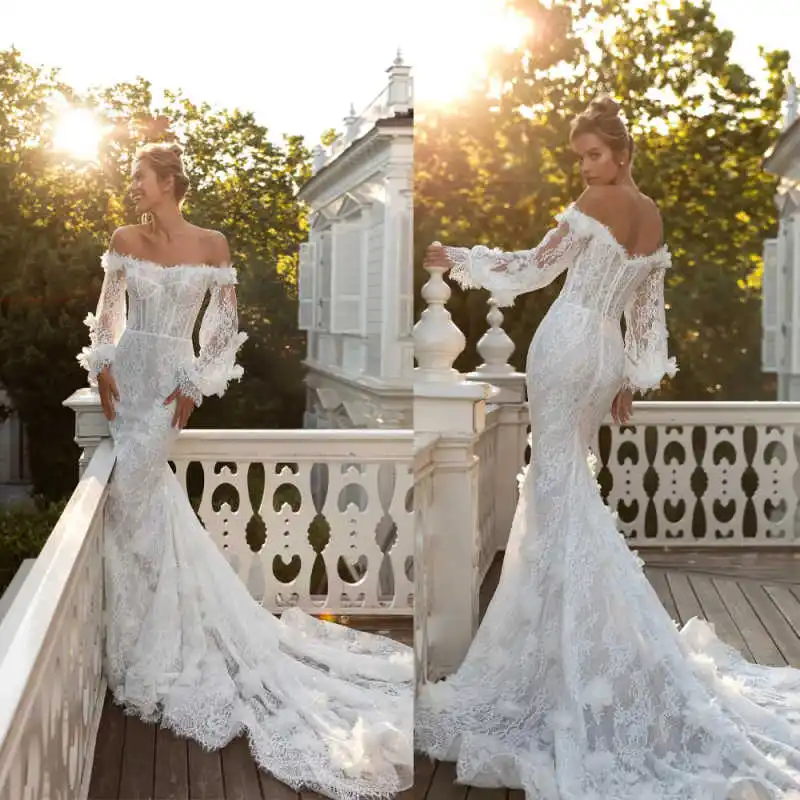 

Gorgeous 3D Appliques Lace Bridal Gown Off-Shoulder Long Sleeve Backless Mermaid Wedding Dress свадебное платье Customized