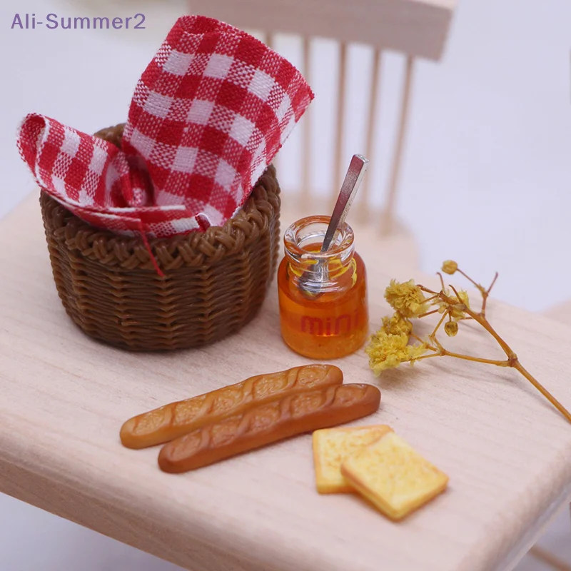 【Summer2】1/12 Dollhouse Simulation Bread Honey Picnic Basket Set Miniatures Food Placement Decoration Doll House Accessories