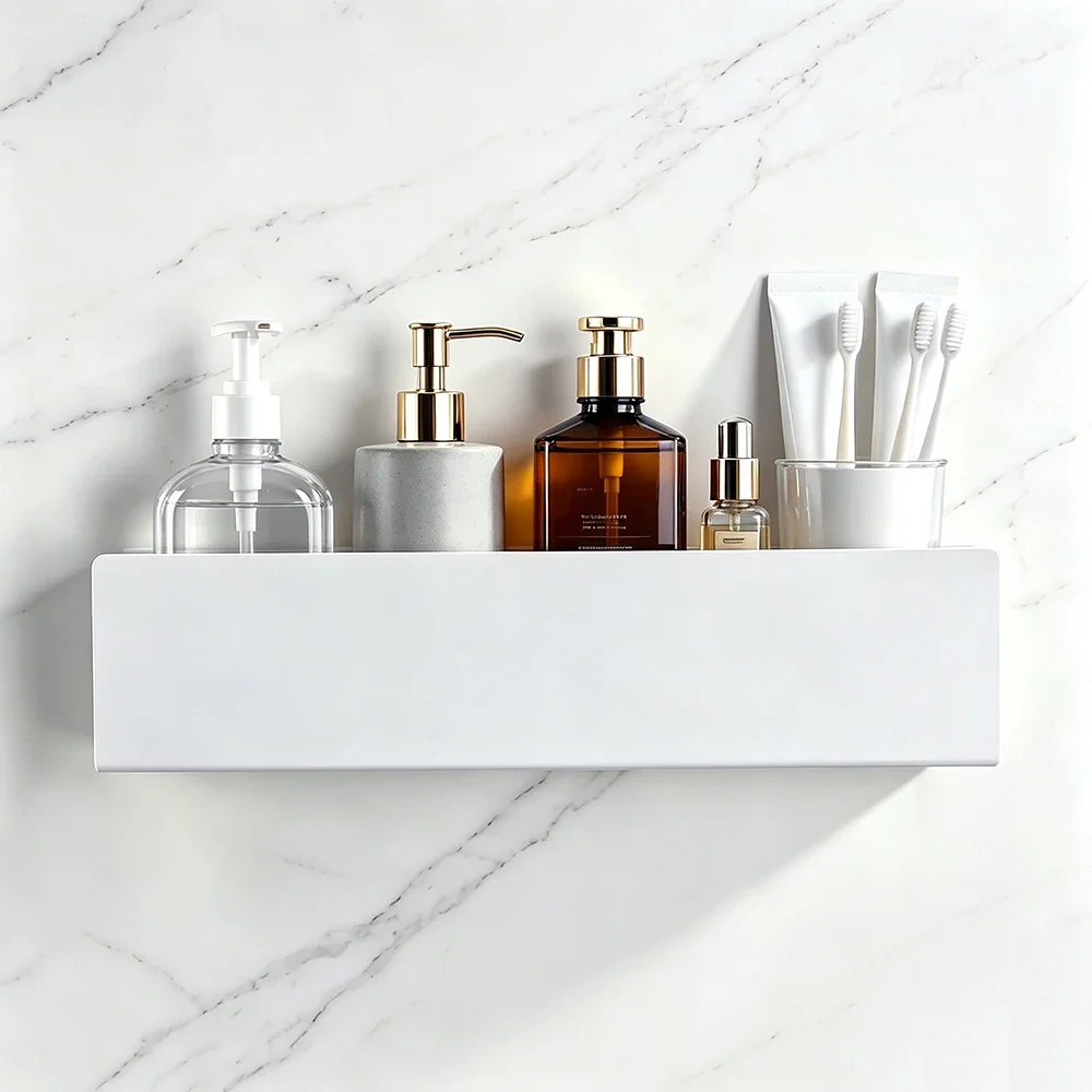 yesModern Minimalist Bathroom Shelf Wall Mounted White Aluminum Shower Storage Rack Home Hotel Shampoo & Toothbrush Holder