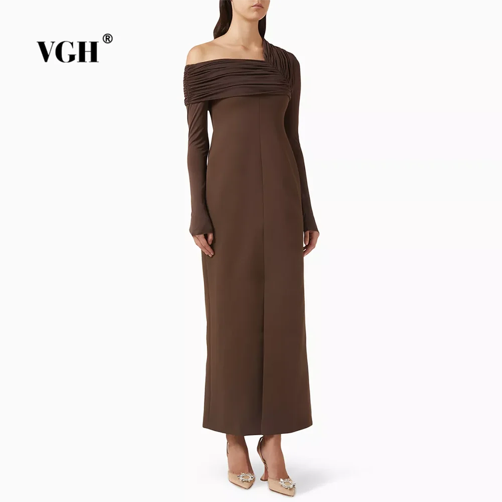 

VGH Elegant Minimalist Coffee Ruched Maxi Dress for Women Off One Shoulder Slimming Long Sleeve Front Slit for Business Dinners