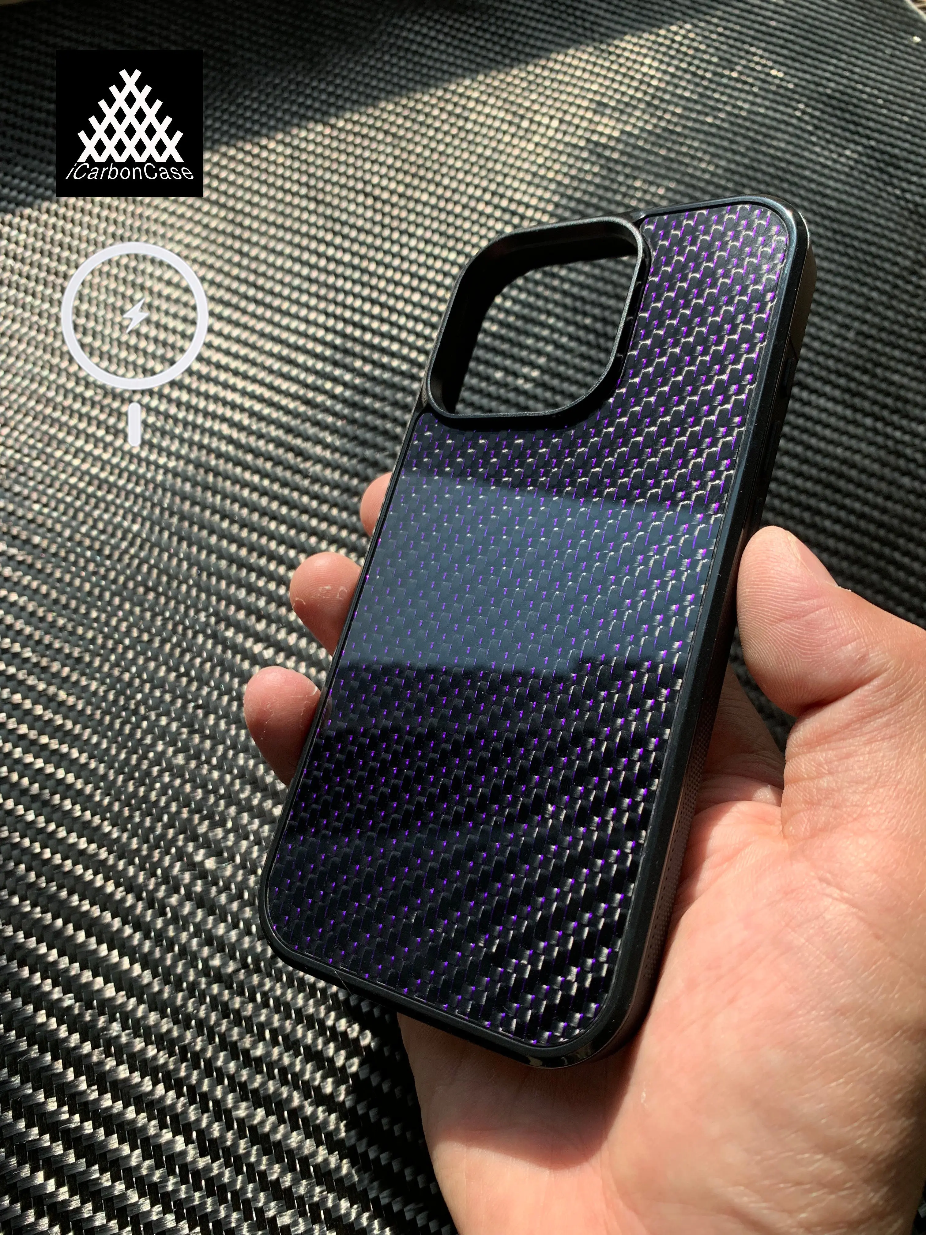 

Purple Magnetic Real Woven Carbon Fiber Phone Case for iPhone 16 15 14 13 12 11 Pro Max Wireless Charging Cover with Magsafe