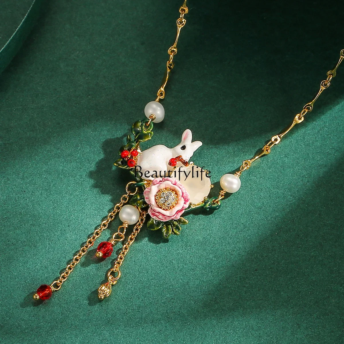 Enamel Glazed Sequins White Bunny Rose Flower Berry Pearl Tassel Necklace