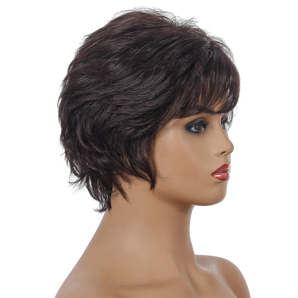 OUCEY Pixie Cut Wig sintetis Wig pendek wanita dengan poni Wig cokelat untuk wanita hitam Wig wanita tahan panas