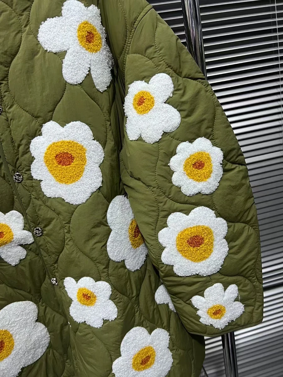 VGH-abrigo acolchado con diseño de flores y bordado para mujer, chaqueta holgada de manga larga con cuello de pico y una botonadura, invierno