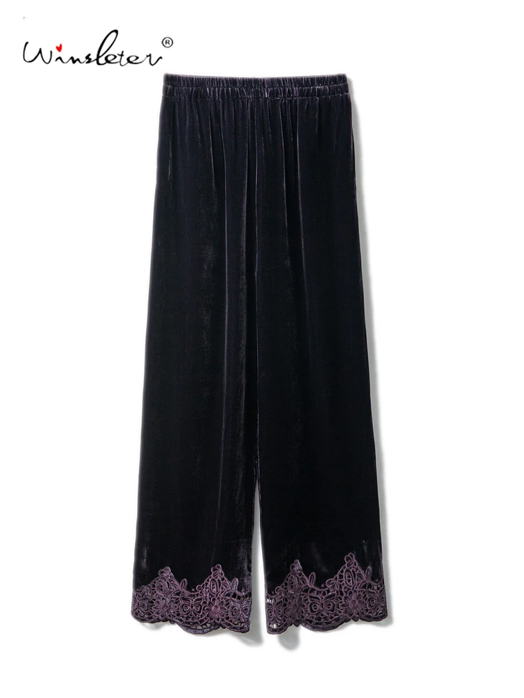 

Winsleter-Bottom 100%Real Silk Elegant Velvet Trousers, Elastic Waist Lace Patchwork, Women Casual Wide Leg Pants, Fall B59843CC