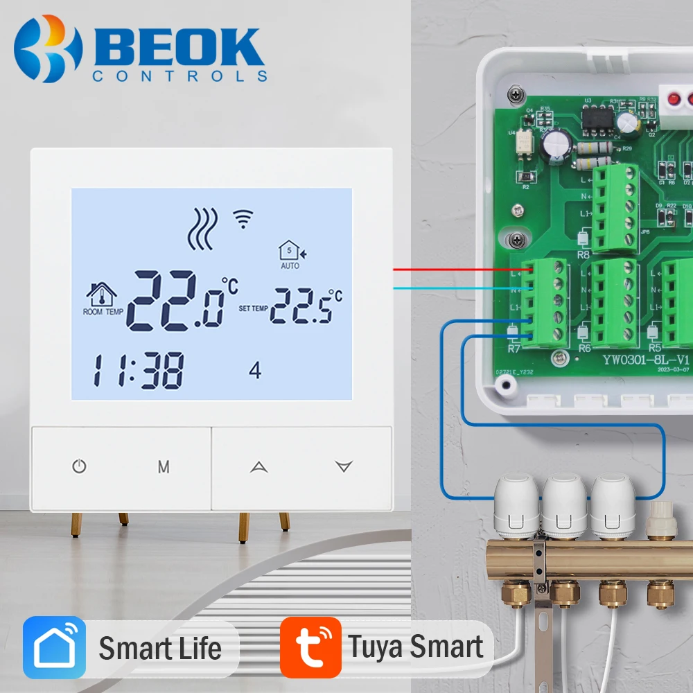 

Beok Multi Zone Heating Smart Wifi Thermostat Hub Controller 8-Channel Concentrator 220V, for Water Floor Heating,Gas Boiler