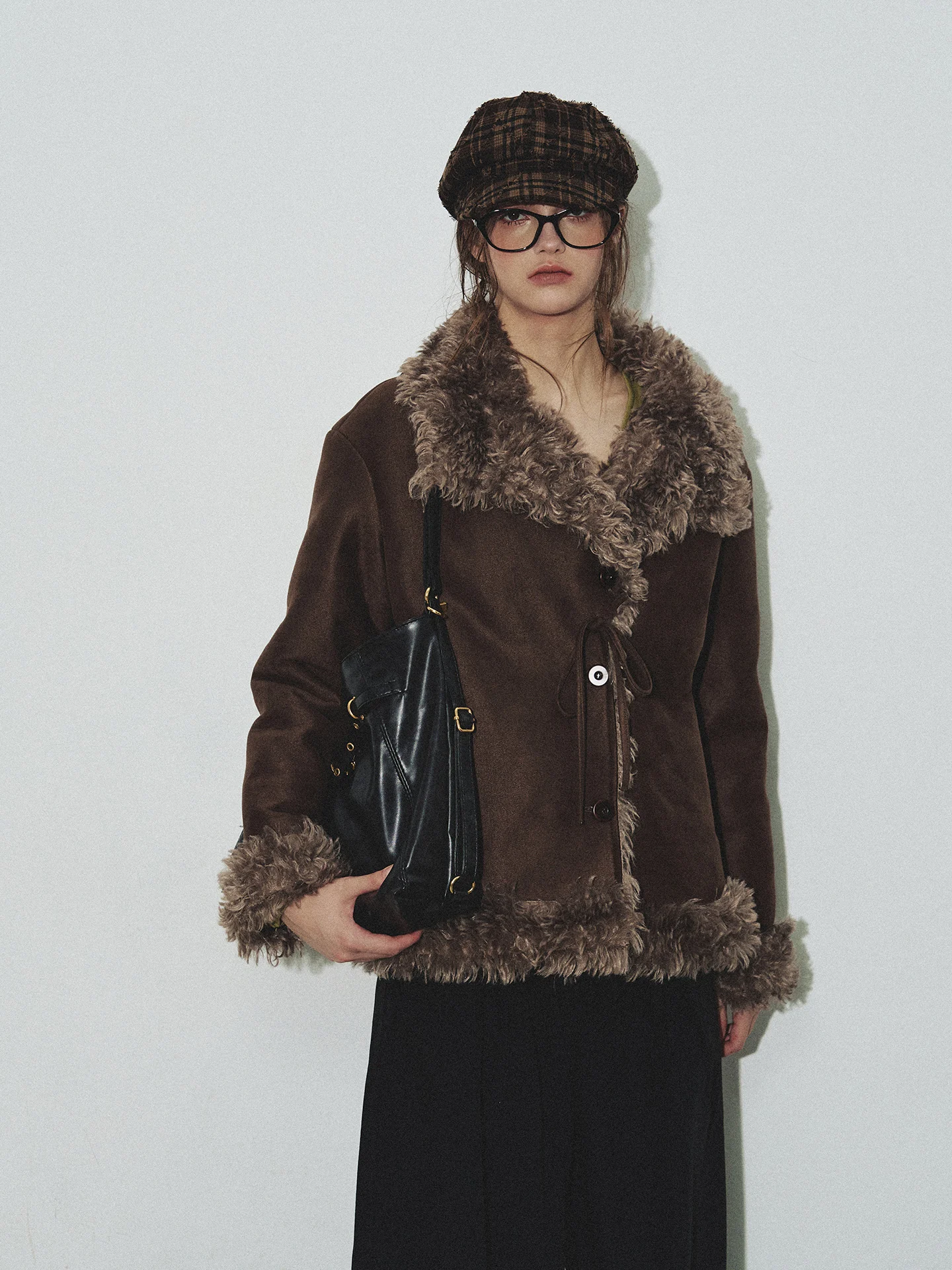 

Fumisme Vintage Brown Fur Collar Inteated Leather Coat Women's Autumn Winter Thiened Long Sve ort Sle Eco-friendly