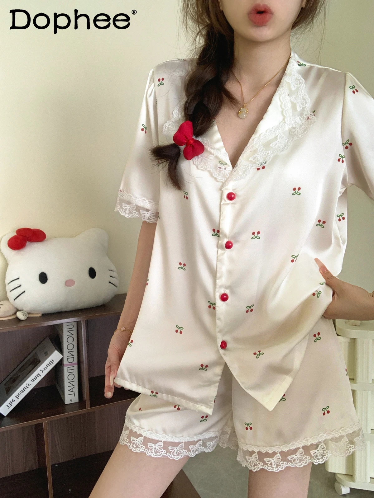 2025 Summer New Japanese Ins Ice Silk Short-sleeved Pajamas Sweet Girl Casual Comfortable Cool Loungewear Set